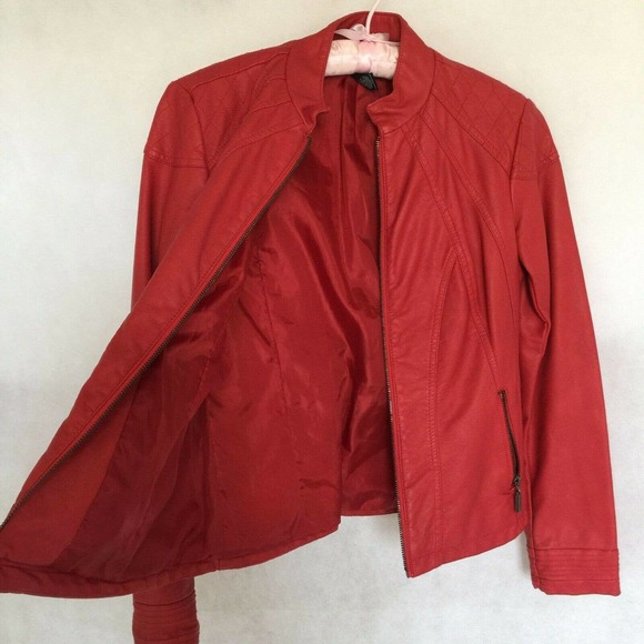 Alfani Red Faux Leather Vegan Moto Bomber Jacket Size XS Lined Pockets Zip Up - Picture 1 of 9